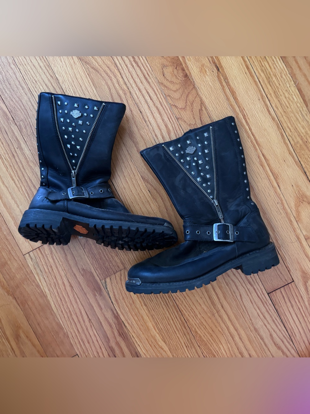 Harley-Davidson mid-calf Black leather studded Boots with Orange Label